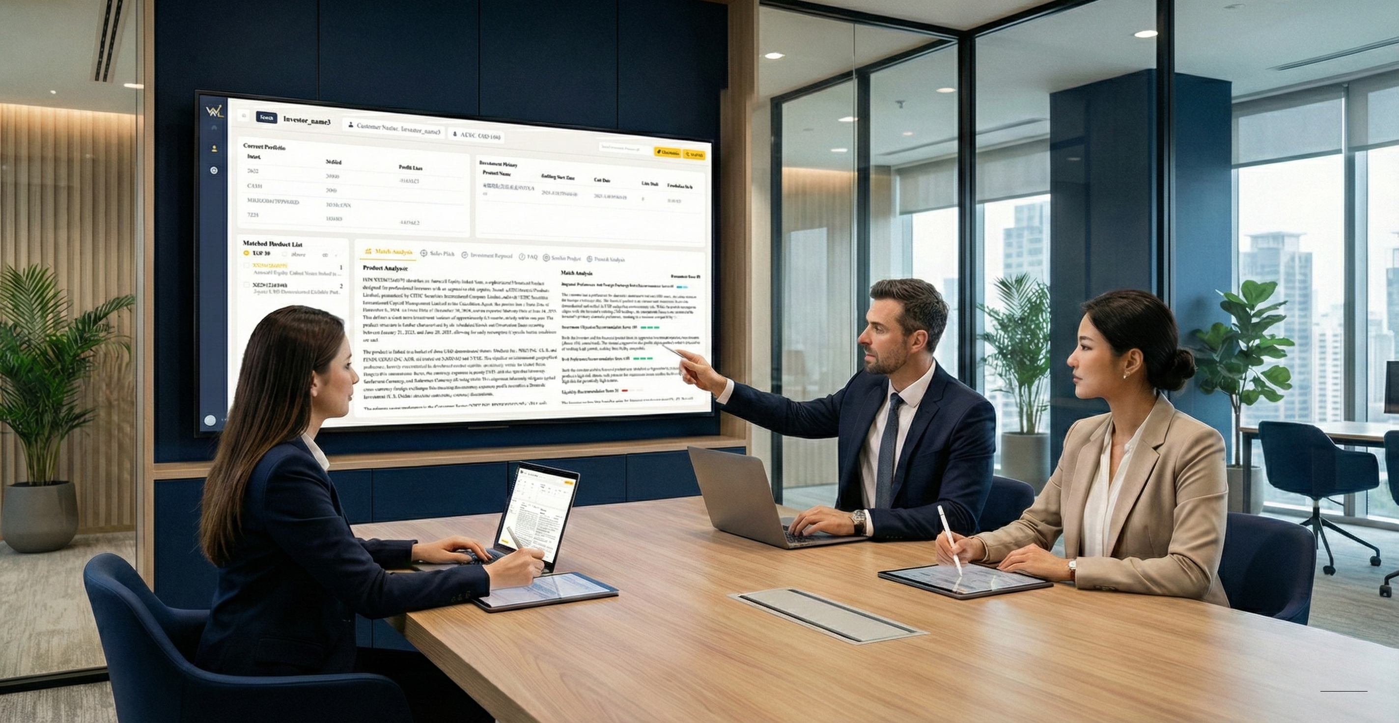 Enterprise wealth management team collaborating with AI dashboards